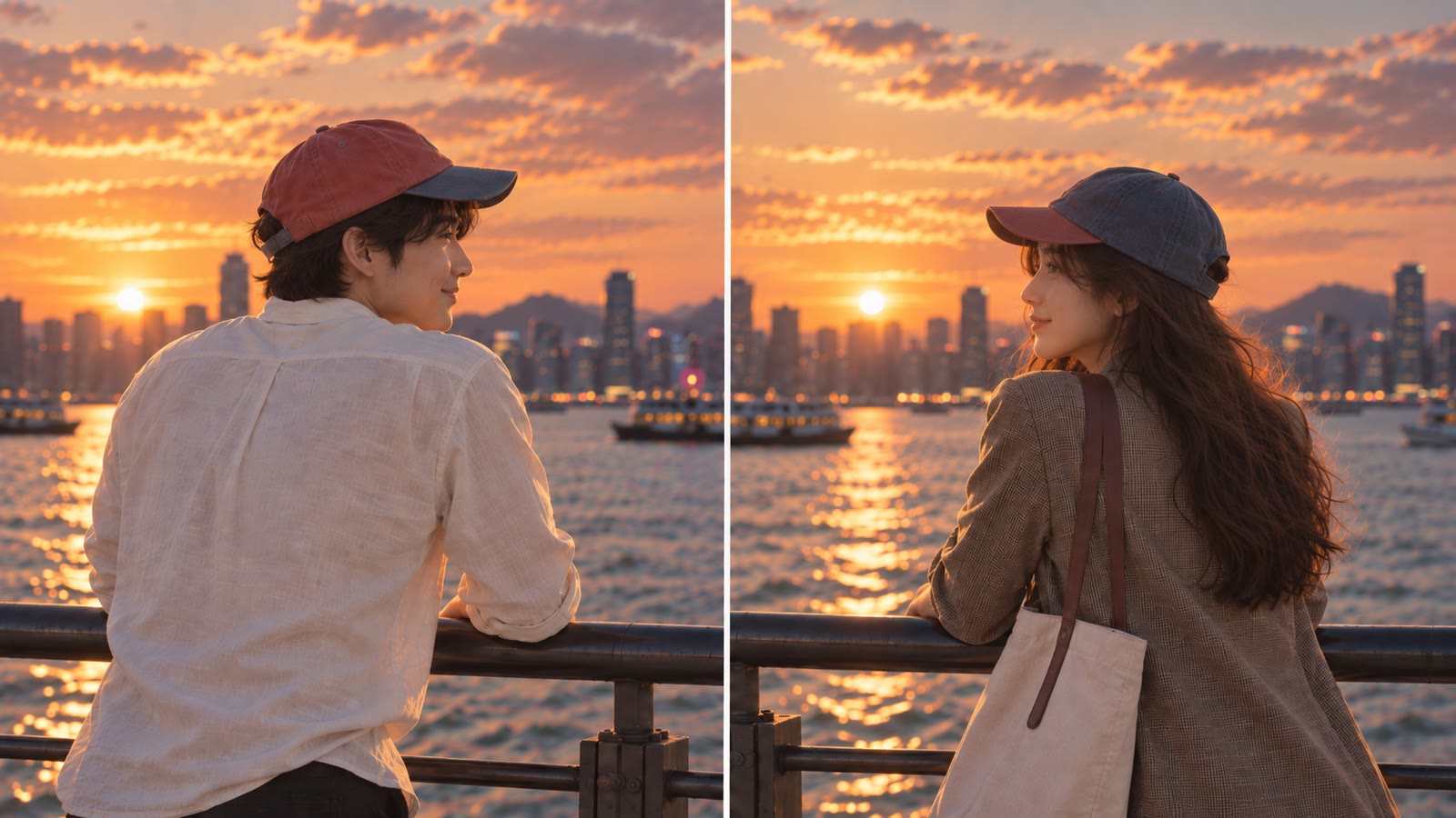 AI-generated man and woman smiling toward each other while wearing exchanged Zhong Yong cap color concepts at sunset