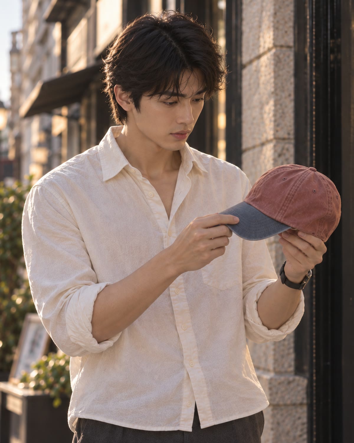 AI-generated man examining the muted red and blue Zhong Yong cap concept outside a bookshop